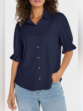 Liverpool Puff Sleeve Knit Snap-Up Shirt Navy Medium NWT STITCH FIX